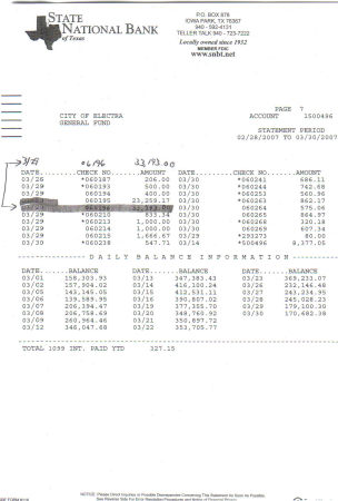 bank statement showing that Administrative Services check was deducted from account balance
